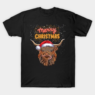 Highland cow and Merry Christmas, Christmas with cute Highland Cow, for nativity day T-Shirt